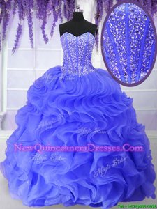 Dynamic Floor Length Lace Up Sweet 16 Quinceanera Dress Blue and In for Military Ball and Sweet 16 and Quinceanera withBeading and Ruffles