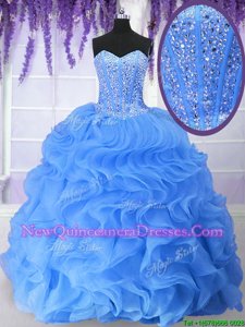 Glamorous Blue Organza Lace Up Sweetheart Sleeveless Floor Length Quinceanera Dress Ruffles and Sequins