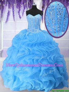 Modest Baby Blue Sleeveless Floor Length Beading and Ruffles Lace Up Ball Gown Prom Dress