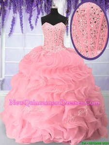 Deluxe Pink Vestidos de Quinceanera Military Ball and Sweet 16 and Quinceanera and For withBeading and Ruffles Sweetheart Sleeveless Lace Up