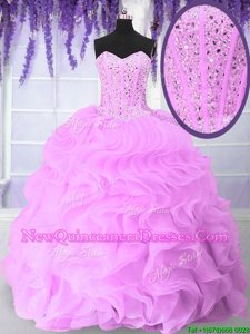 Dramatic Lilac Organza Lace Up Quinceanera Dress Sleeveless Floor Length Beading and Ruffles