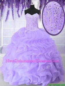 Graceful Lavender Organza Lace Up 15th Birthday Dress Sleeveless Floor Length Beading and Ruffles