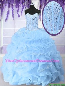 High Class Sleeveless Organza Floor Length Lace Up Quinceanera Dress inLight Blue withBeading and Ruffles