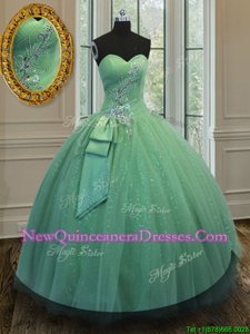 Elegant Tulle and Sequined Sweetheart Sleeveless Lace Up Beading and Ruching and Bowknot Quinceanera Dress inGreen