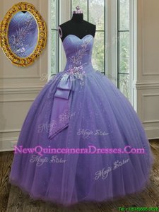 Pretty Floor Length Lavender Sweet 16 Dress Tulle and Sequined Sleeveless Spring and Summer and Fall and Winter Beading and Ruching and Bowknot