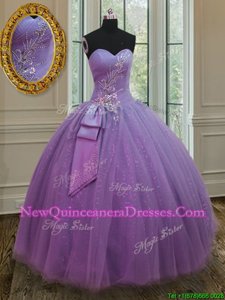 Fantastic Lilac Tulle Lace Up 15 Quinceanera Dress Sleeveless Floor Length Beading and Ruching and Bowknot