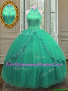 Latest Floor Length Ball Gowns Sleeveless Turquoise Quinceanera Dresses Lace Up