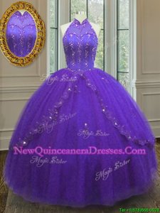 Fabulous Purple Sleeveless Floor Length Beading and Appliques Lace Up Quince Ball Gowns