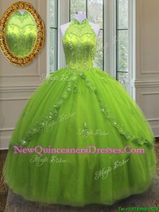 Extravagant Ball Gowns 15th Birthday Dress Yellow Green High-neck Tulle Sleeveless Floor Length Lace Up