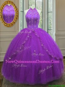 Purple High-neck Lace Up Beading and Appliques Ball Gown Prom Dress Sleeveless