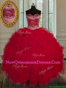 Top Selling Tulle Sweetheart Sleeveless Lace Up Beading and Ruffles Quince Ball Gowns inRed