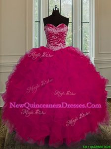 Dynamic Floor Length Fuchsia Quince Ball Gowns Tulle Sleeveless Spring and Summer and Fall and Winter Beading and Ruffles