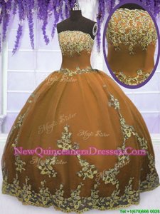 Traditional Ball Gowns 15th Birthday Dress Brown Strapless Tulle Sleeveless Floor Length Zipper