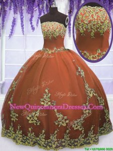 Custom Design Rust Red Strapless Neckline Appliques Quinceanera Dresses Sleeveless Zipper