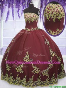 Attractive Burgundy Sweet 16 Quinceanera Dress Military Ball and Sweet 16 and Quinceanera and For withAppliques Strapless Sleeveless Zipper