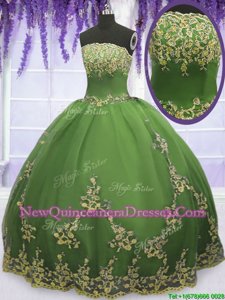 Gorgeous Olive Green Tulle Zipper Strapless Sleeveless Floor Length Vestidos de Quinceanera Appliques