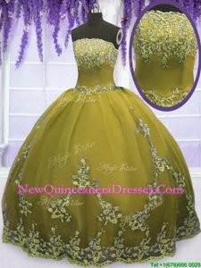 Pretty Floor Length Zipper Quinceanera Dress Olive Green and In for Military Ball and Sweet 16 and Quinceanera withAppliques