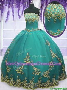 Low Price Floor Length Aqua Blue 15 Quinceanera Dress Tulle Sleeveless Spring and Summer and Fall and Winter Appliques