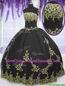 Fitting Strapless Sleeveless Sweet 16 Dresses Floor Length Appliques Black Tulle