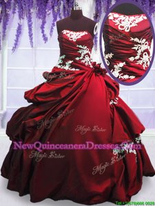 Charming Sleeveless Floor Length Appliques and Pick Ups Lace Up Quince Ball Gowns with Wine Red