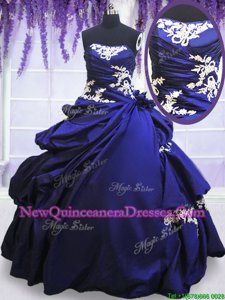 Pretty Blue Taffeta Lace Up Strapless Sleeveless Floor Length 15 Quinceanera Dress Appliques and Pick Ups