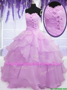 Sleeveless Organza Floor Length Lace Up Quince Ball Gowns inLilac withBeading and Ruffled Layers and Hand Made Flower