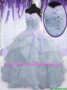 Captivating Spring and Summer and Fall and Winter Organza Sleeveless Floor Length Quinceanera Gowns andRuffled Layers and Ruching and Hand Made Flower