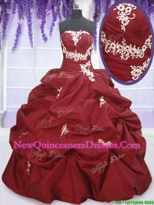 Cute Taffeta Strapless Sleeveless Lace Up Appliques and Pick Ups 15th Birthday Dress inWine Red