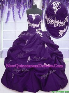 Fancy Purple Taffeta Lace Up Sweetheart Sleeveless Floor Length Ball Gown Prom Dress Appliques and Pick Ups