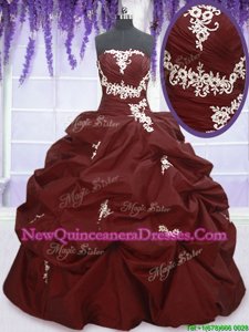 Extravagant Floor Length Burgundy Quinceanera Dresses Taffeta Sleeveless Spring and Summer and Fall and Winter Appliques and Pick Ups