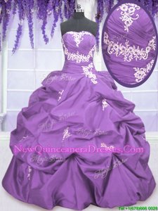 Pretty Lavender Ball Gowns Strapless Sleeveless Taffeta Floor Length Lace Up Appliques and Pick Ups Ball Gown Prom Dress