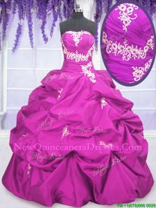 Excellent Fuchsia Ball Gowns Appliques and Pick Ups Sweet 16 Dresses Lace Up Taffeta Sleeveless Floor Length