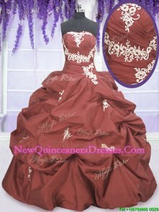 Modest Rust Red Strapless Neckline Appliques and Pick Ups Vestidos de Quinceanera Sleeveless Lace Up