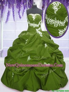 Glittering Strapless Sleeveless Quinceanera Dresses Floor Length Appliques and Pick Ups Olive Green Taffeta