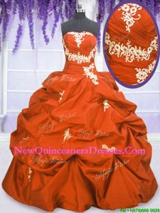 Great Sleeveless Taffeta Floor Length Lace Up 15th Birthday Dress inOrange Red withAppliques and Pick Ups