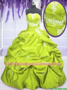 Fashionable Taffeta Strapless Sleeveless Lace Up Appliques and Pick Ups Quinceanera Dress inYellow Green