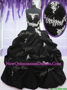 Top Selling Taffeta Strapless Sleeveless Lace Up Appliques and Pick Ups Quince Ball Gowns inBlack