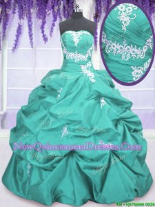 On Sale Sleeveless Floor Length Appliques and Ruching and Pick Ups Lace Up Quinceanera Gown with Aqua Blue