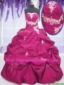 Chic Fuchsia Ball Gowns Strapless Sleeveless Taffeta Floor Length Lace Up Appliques and Ruching and Pick Ups Quinceanera Gowns