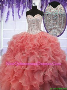 Low Price Coral Red Organza Lace Up Sweetheart Sleeveless Floor Length Sweet 16 Dresses Ruffles and Sequins