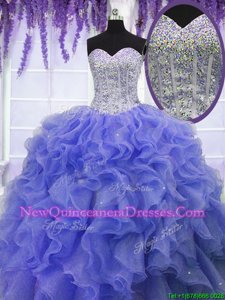 Designer Purple Organza Lace Up 15 Quinceanera Dress Sleeveless Floor Length Ruffles and Sequins