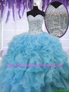 Edgy Baby Blue Ball Gowns Sweetheart Sleeveless Organza Floor Length Lace Up Ruffles and Sequins Vestidos de Quinceanera