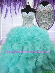 Artistic Aqua Blue Ball Gowns Ruffles and Sequins Quince Ball Gowns Lace Up Organza Sleeveless Floor Length