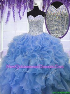 Extravagant Floor Length Blue Sweet 16 Dress Organza Sleeveless Spring and Summer and Fall and Winter Beading and Ruffles