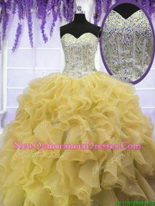 Charming Yellow Sleeveless Floor Length Beading and Ruffles Lace Up Vestidos de Quinceanera