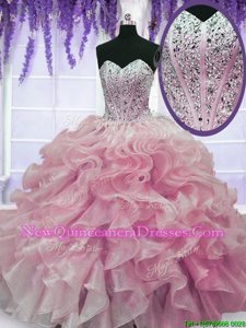 Great Sweetheart Sleeveless Lace Up Quinceanera Gown Rose Pink Organza