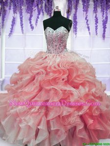 High Quality Red Ball Gowns Sweetheart Sleeveless Organza Floor Length Lace Up Beading and Ruffles Vestidos de Quinceanera