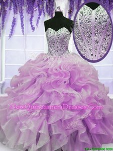 High Class Lilac Sweetheart Neckline Beading and Ruffles 15th Birthday Dress Sleeveless Zipper