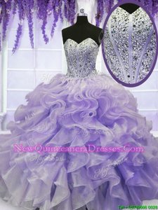 Beading and Ruffles Quince Ball Gowns Lavender Lace Up Sleeveless Floor Length