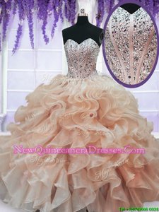 Customized Sleeveless Organza Floor Length Lace Up Quinceanera Gowns inPeach withBeading and Ruffles